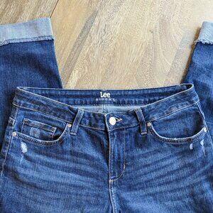 Lee Riders Dark Denim Wash 5 Pockets Distressed Cuffed Blue Denim Jeans, Size 10